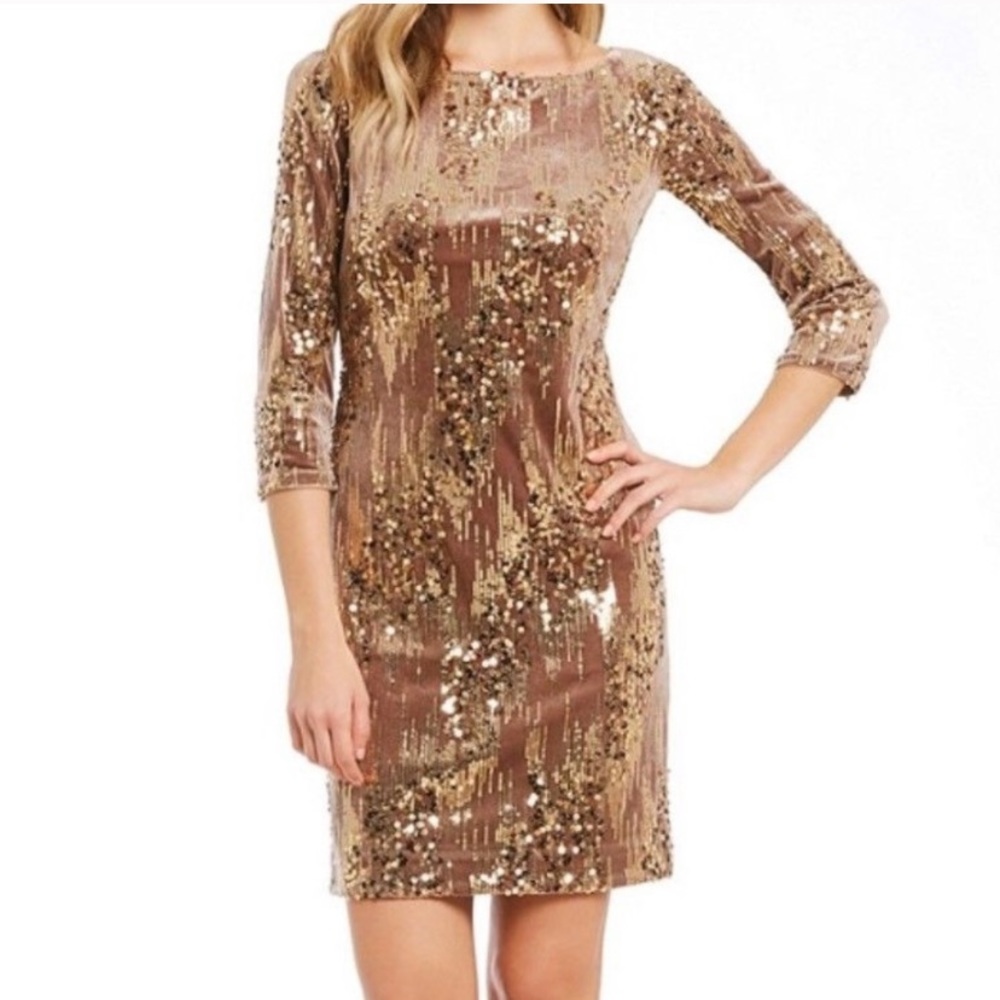 Eliza J Gold Sequin & Velvet Sheath Dress